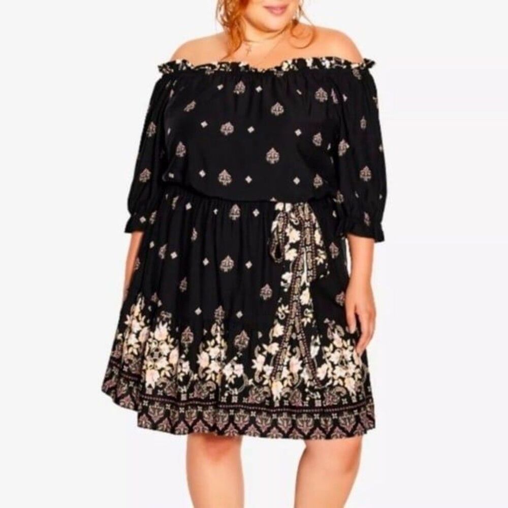 City Chic Summer Spirit Black Off Shoulder Mini  Dress - Plus Size 24 NWT